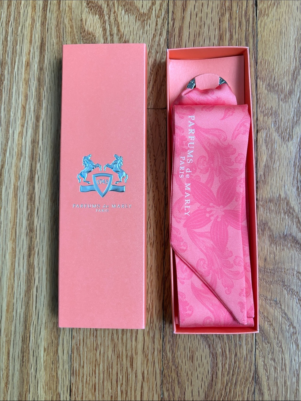 Parfums de Marley Coral Pink Satin Mini Scarf for handbag, hair, or a waistband